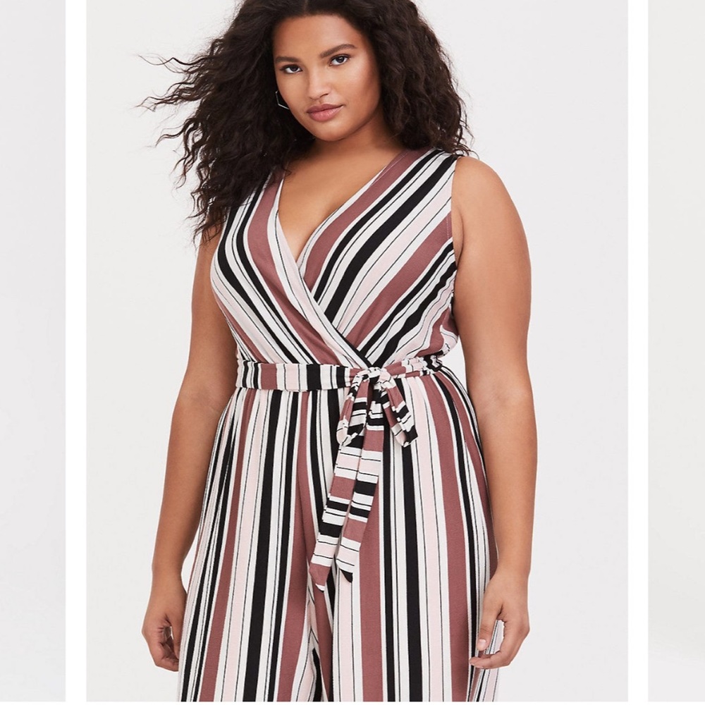 Torrid multi strip textured self tie culotte jumpsuit - Picture 2 of 5